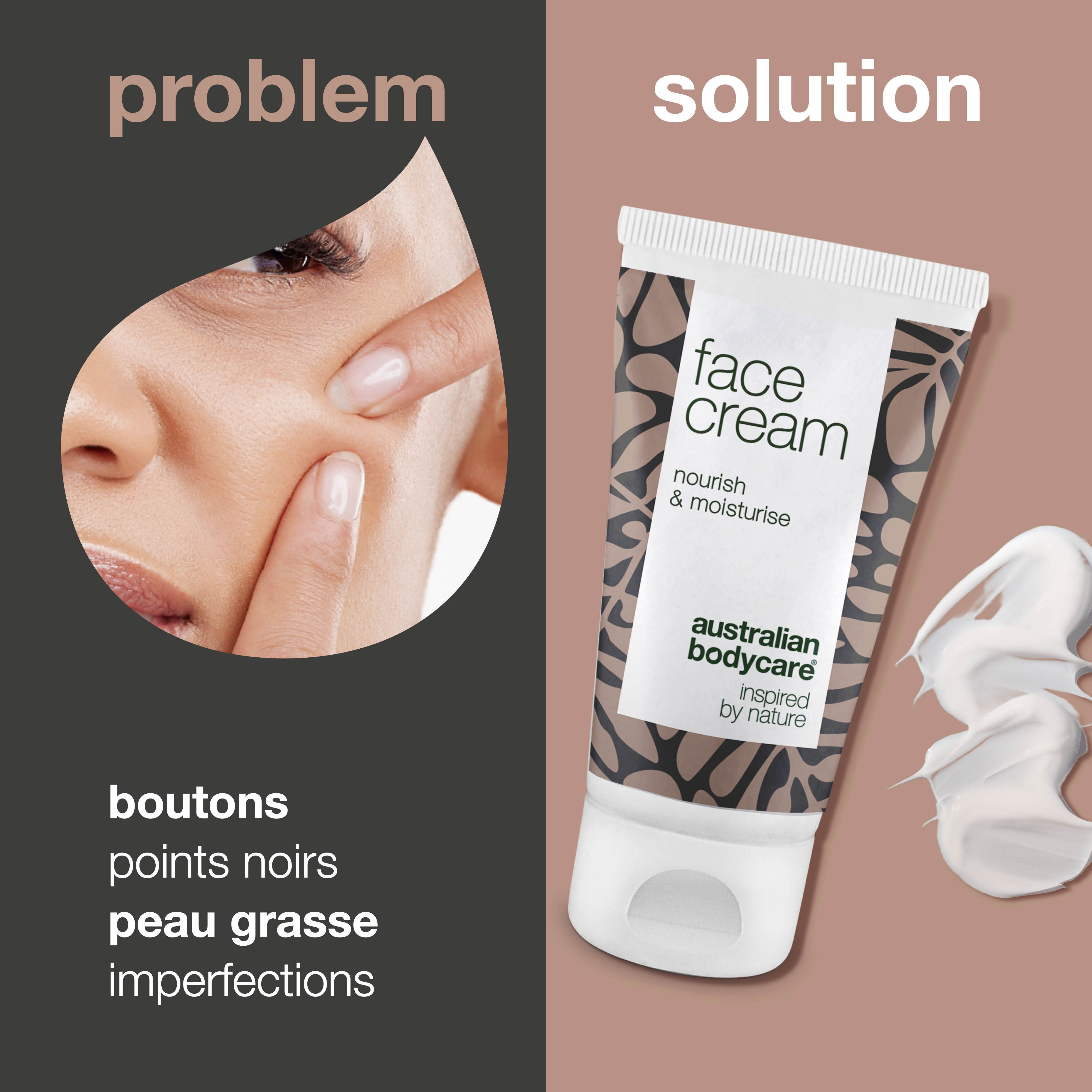Collage avec personnes et produits. Marque : Australian Bodycare. Texte : skincare since 1990.