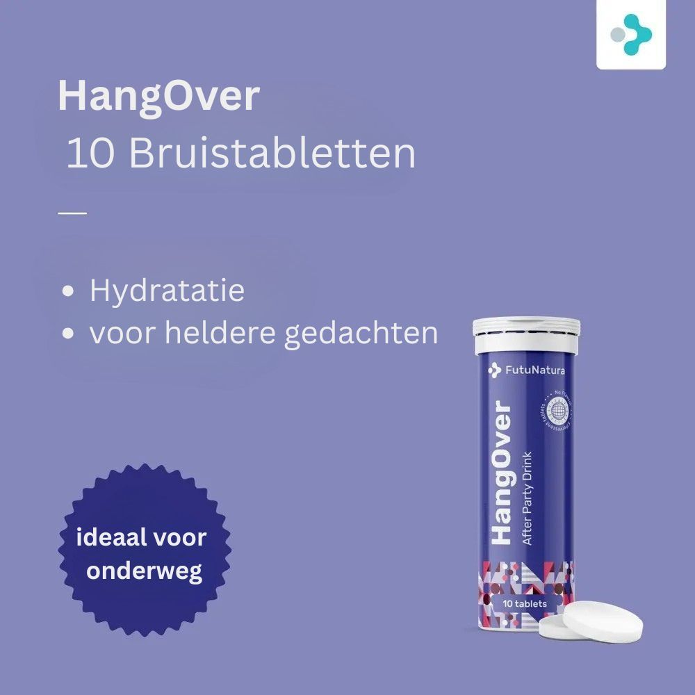 Reclame voor HangOver bruistabletten. Tube met tabletten. Tekst: Hydratatie, voor heldere gedachten. Ideaal voor onderweg.