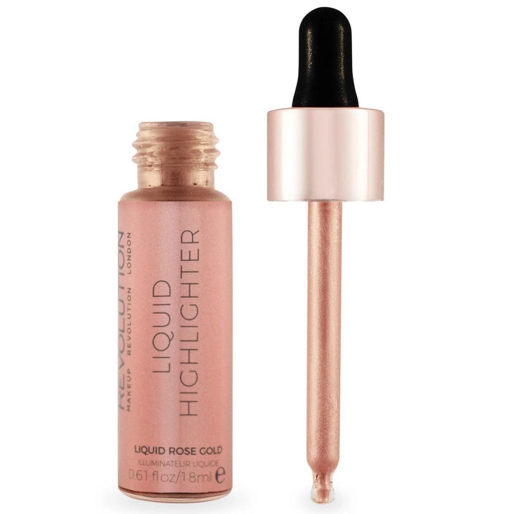 Vloeibare highlighter in glazen fles met pipet. Roze-gouden vloeistof. Opschrift: Liquid Highlighter, Liquid Rose Gold, 18ml.