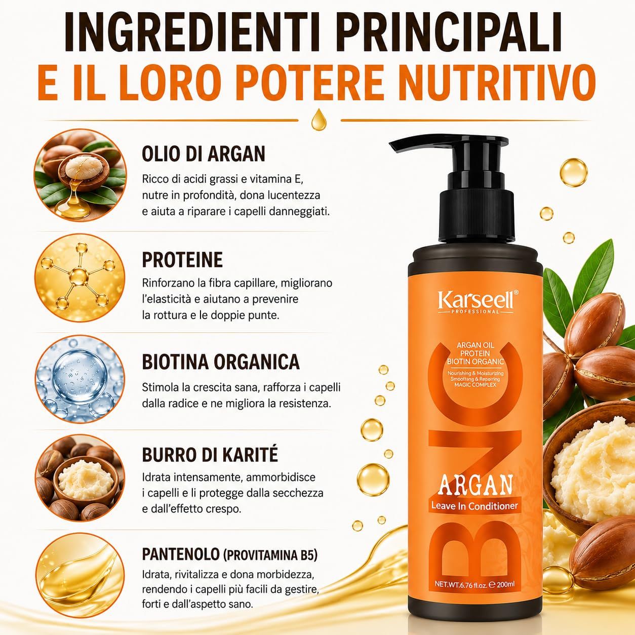 Bouteille orange de Karaseell Argan Leave-In Conditioner avec pompe. Des fruits d'argan et un bol de beurre de karité sont représentés à côté.