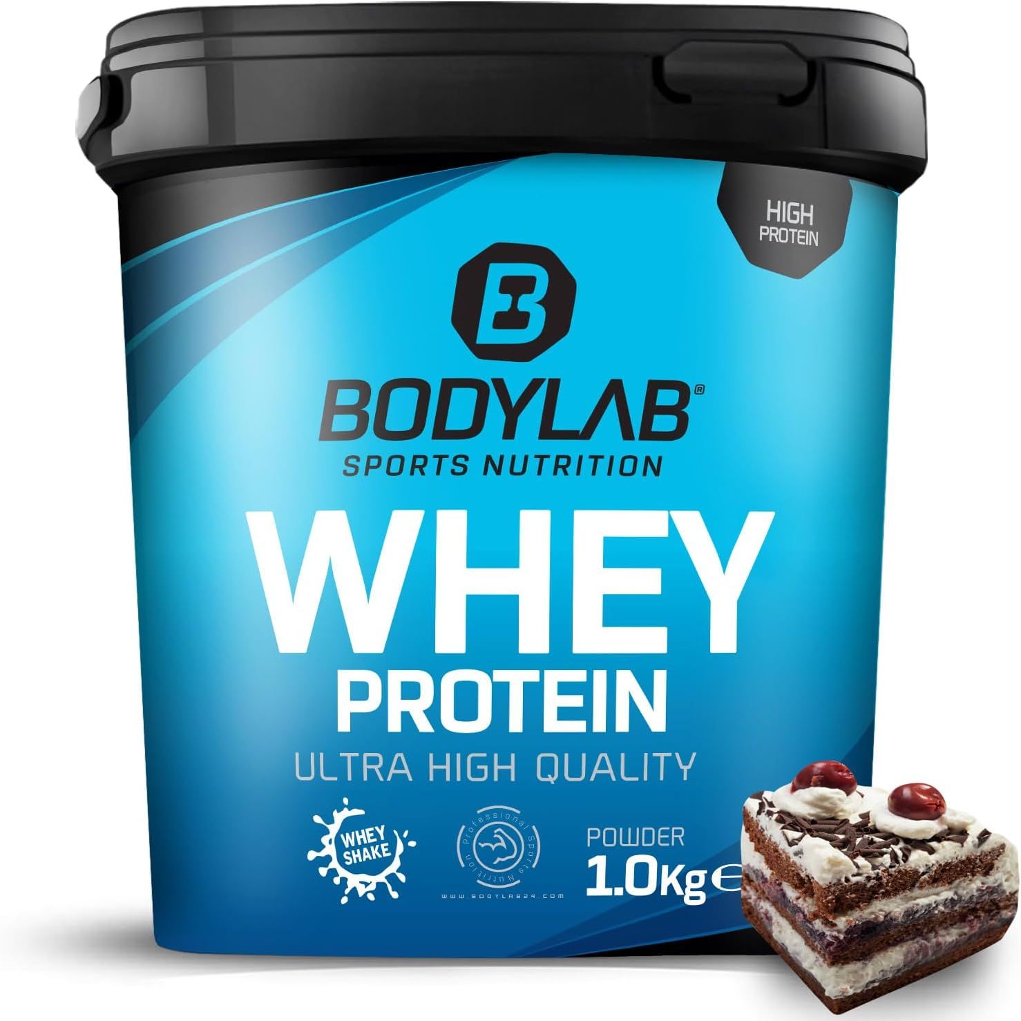 Seau bleu de poudre de protéine Bodylab Whey. 1,0 kg. Gâteau Forêt-Noire.