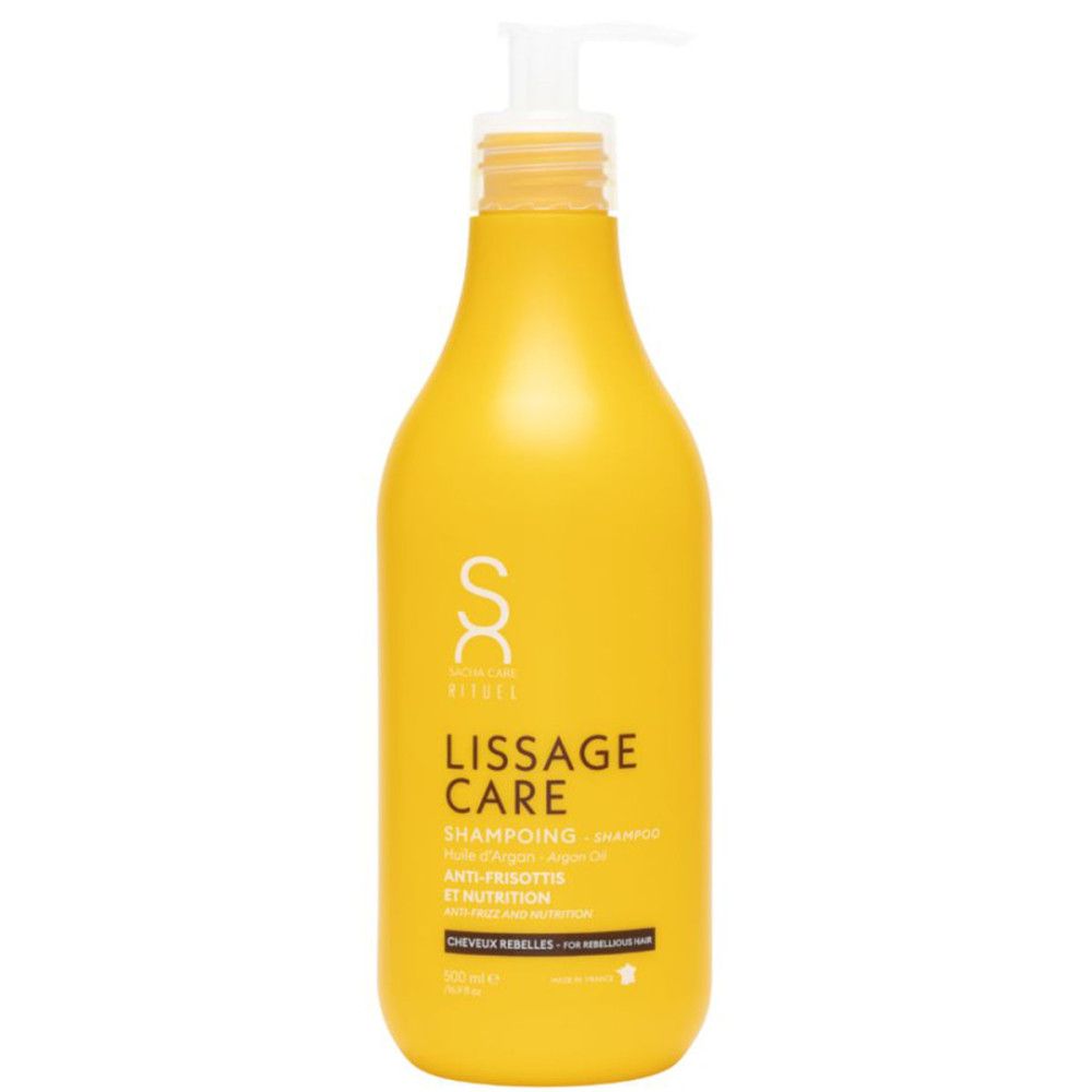Flacon de shampooing jaune avec pompe blanche. Inscription: LISSAGE CARE, SHAMPOING, Anti-frisottis, Nutrition. Pour cheveux rebelles.