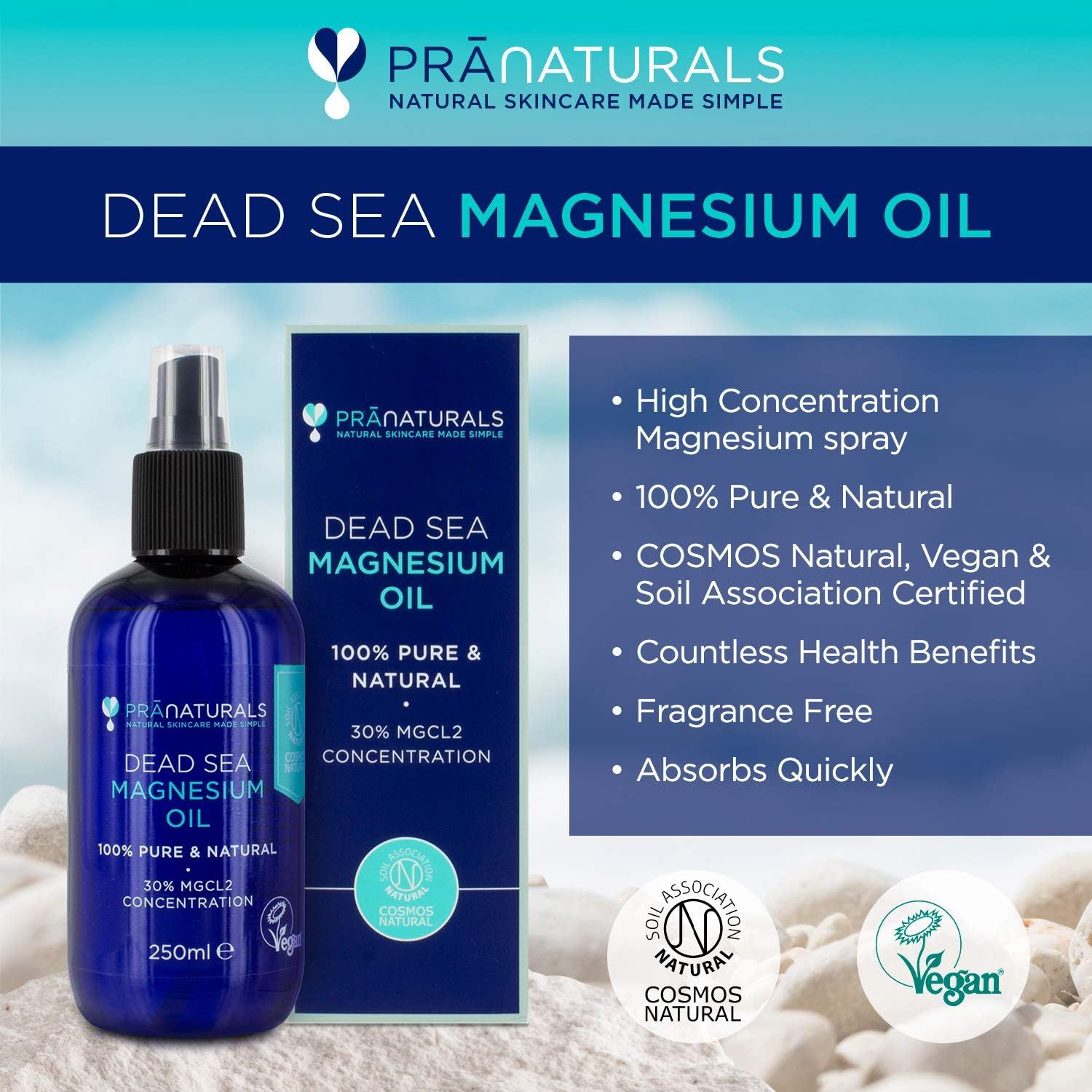 Blauwe fles met verstuiver en doos. Tekst: Dead Sea Magnesium Oil, 100% Pure & Natural, 30% MGCL2 Concentration. Vegan logo. Cosmos Natural.