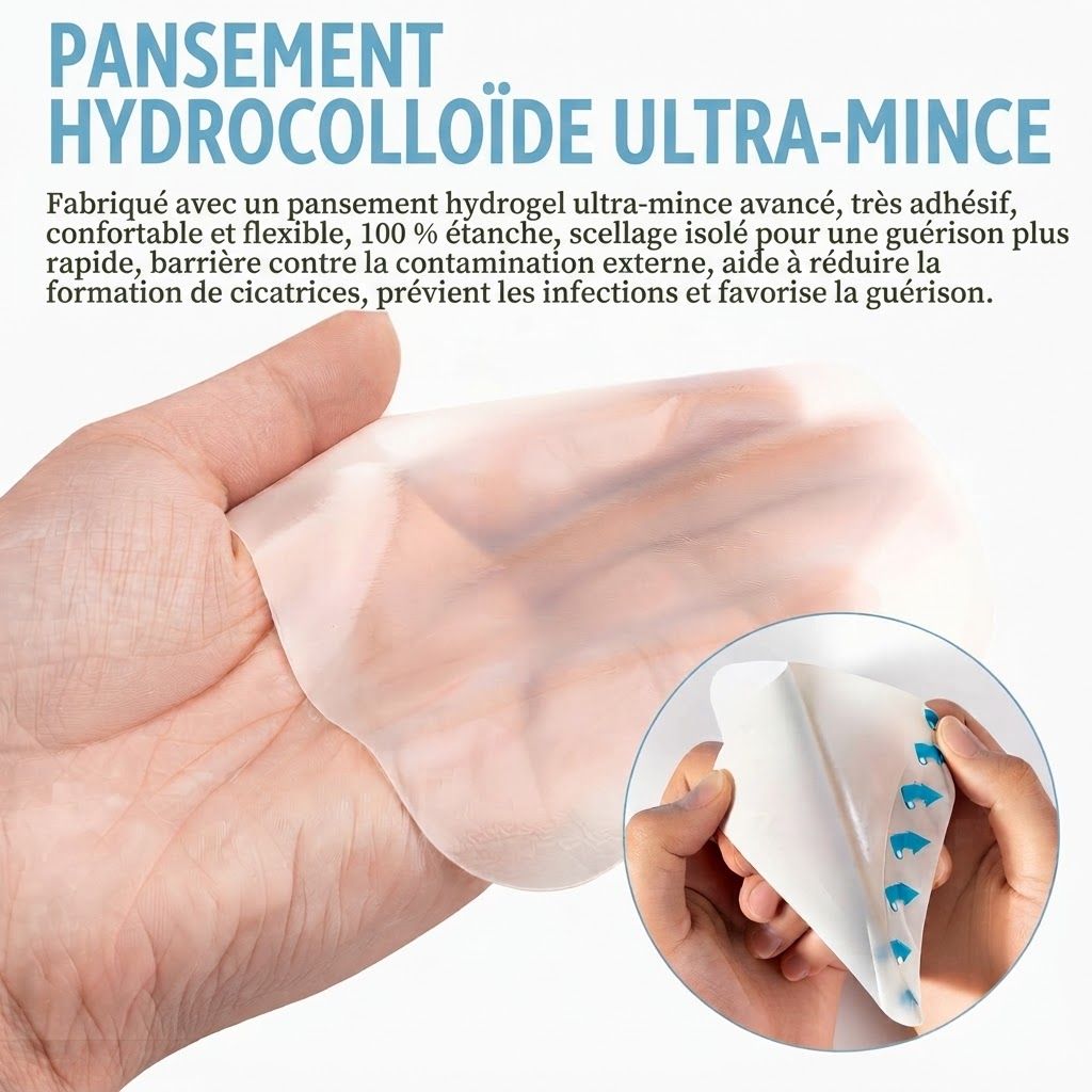 Pansement hydrocolloïde ultra-mince, transparent et adhésif.