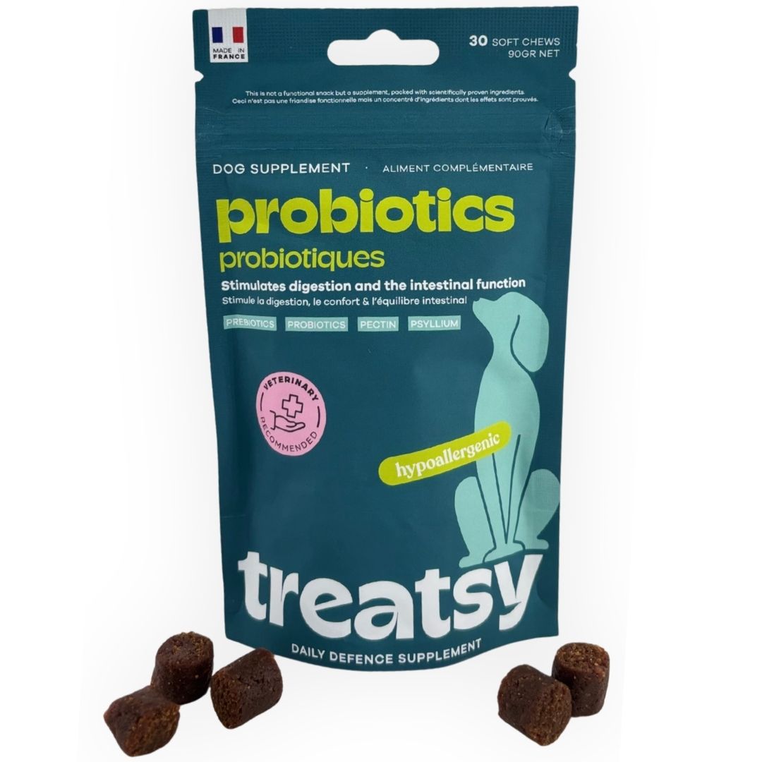 Sachet de probiotiques pour chiens. 30 friandises à mâcher. Hypoallergénique. Recommandé par les vétérinaires. Marque Treatsy.