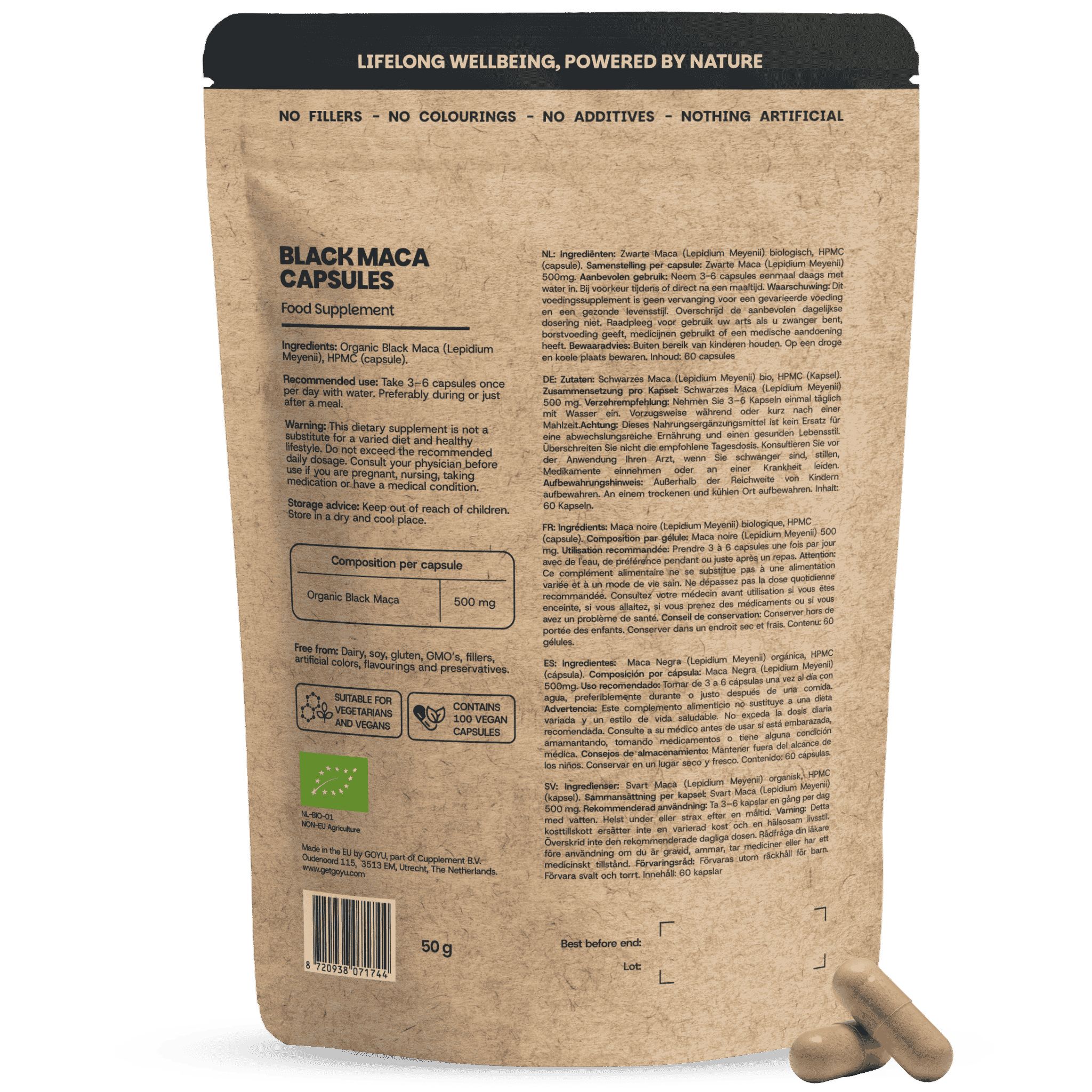 Sachet en papier brun avec inscription noire 'Black Maca Capsules'. Contient 120 gélules végétales. Deux gélules à côté.