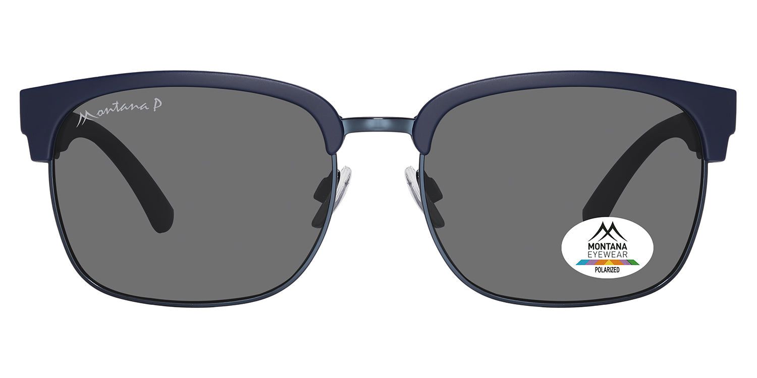 Lunettes de soleil bleu foncé avec verres gris. Logo Montana Eyewear sur la lentille et la branche. Forme ronde, monture métallique.
