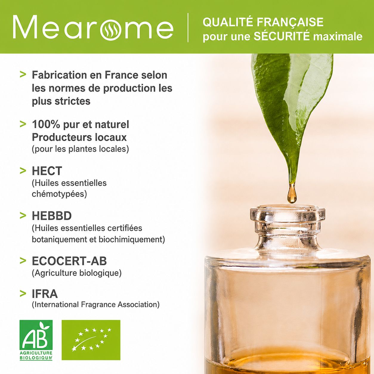 Flacon d'huile essentielle, goutte tombant, texte sur la qualité française et logos comme Ecocert.
