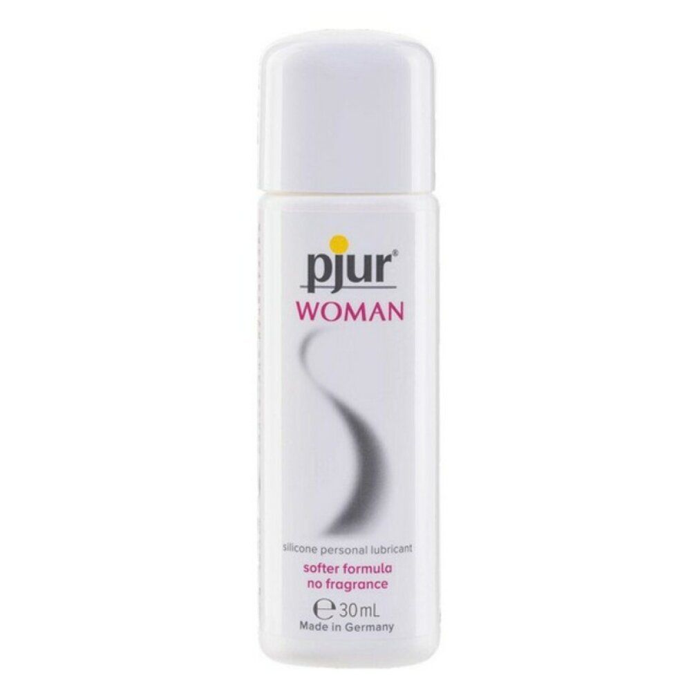 pjur WOMAN, lubrifiant silicone. Flacon blanc, logo jaune. Ligne noire incurvée. Texte: softer formula no fragrance, 30 ml.