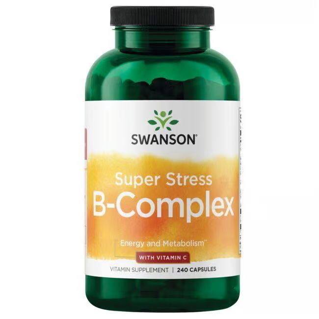 Flacon vert avec étiquette blanche. Inscription: SWANSON Super Stress B-Complex avec vitamine C. 240 capsules. Complément vitaminique.