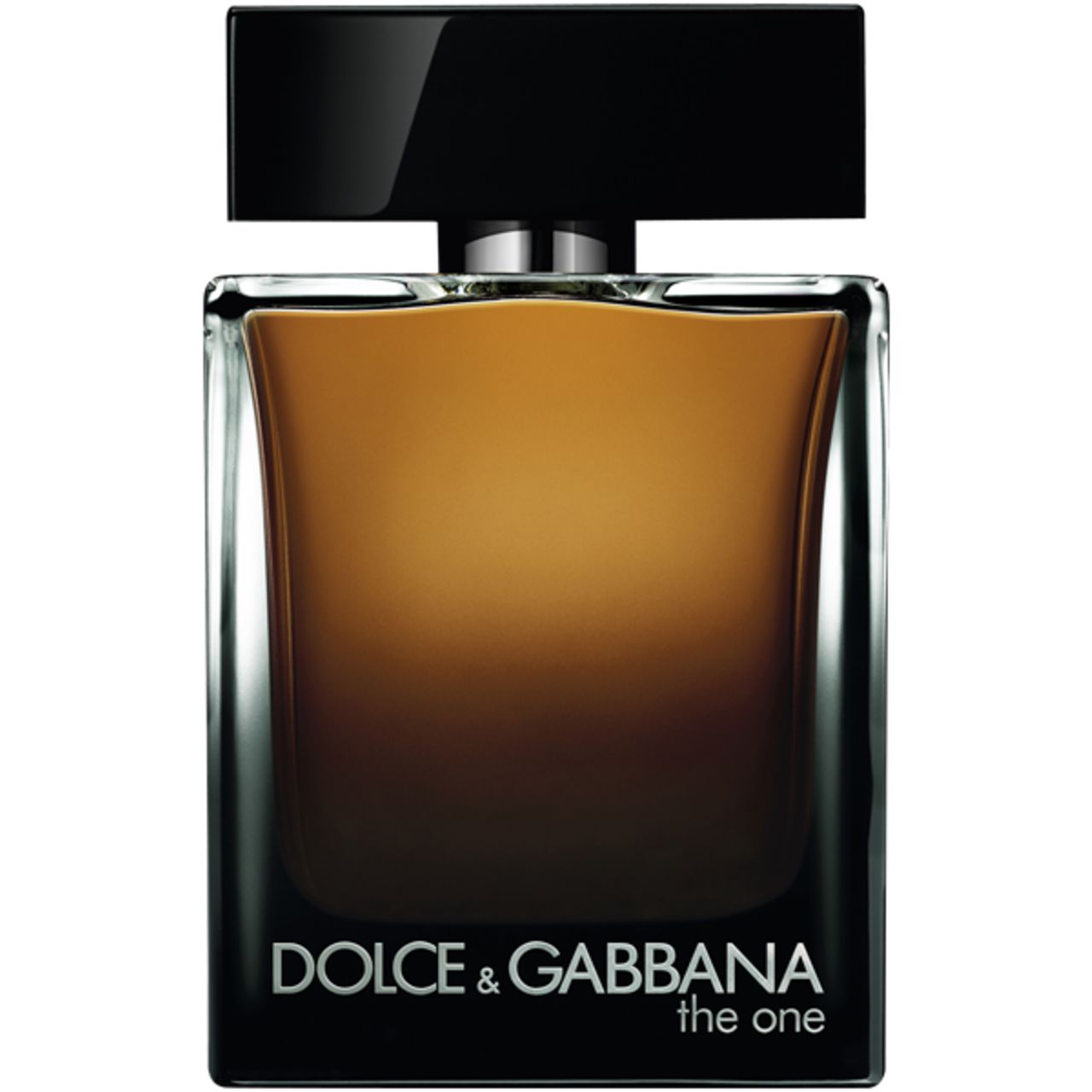 Donkerbruine flacon met zwarte dop. Opschrift: Dolce & Gabbana, The One. Vierkante vorm.