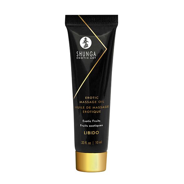 Zwarte tube met gouden dop. "Shunga" en "Erotic Massage Oil" op de tube.