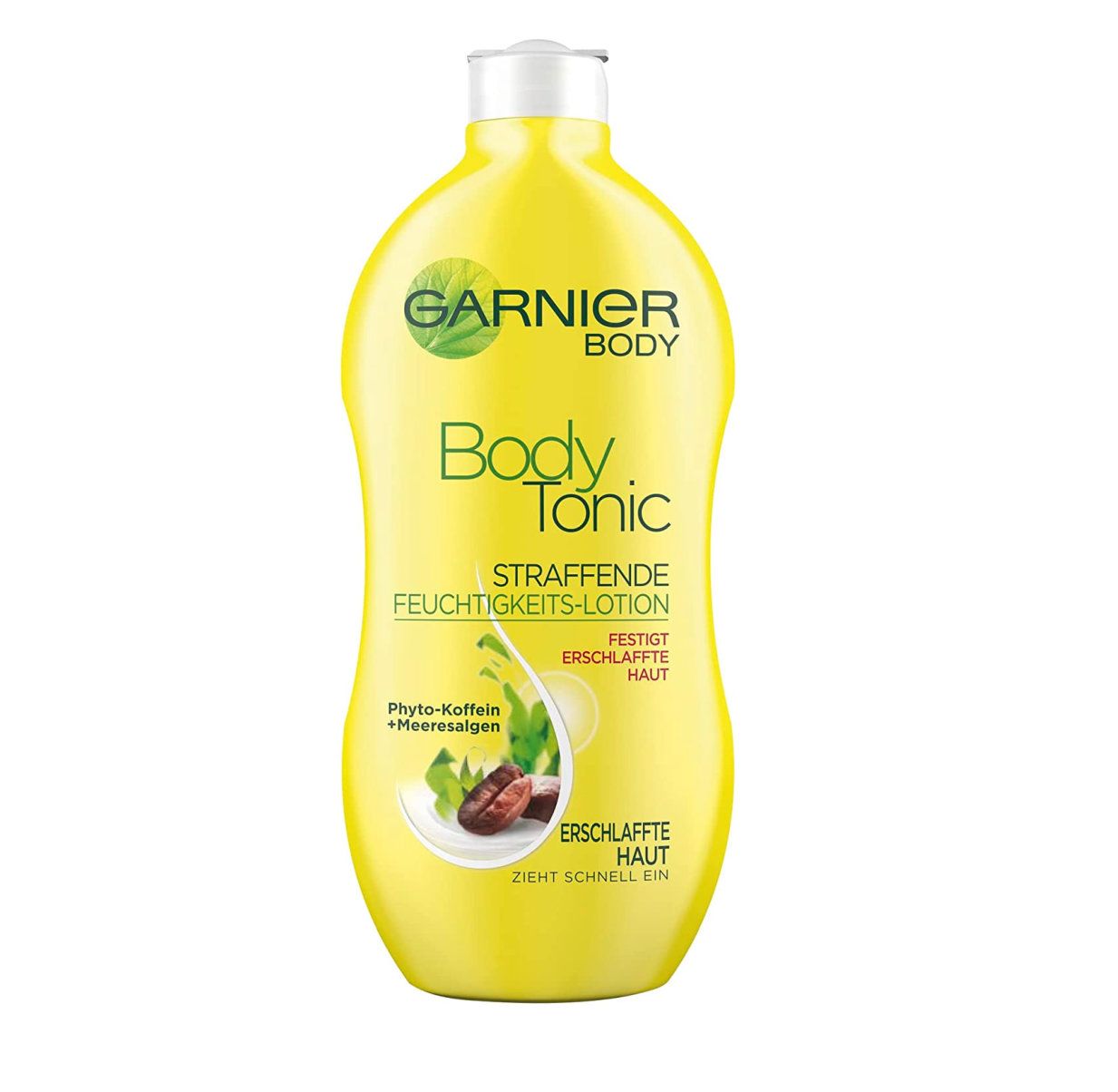Flacon jaune Garnier Body Tonic. Inscription: Lotion hydratante raffermissante. Contient de la phyto-caféine et des algues marines. Raffermit la peau.