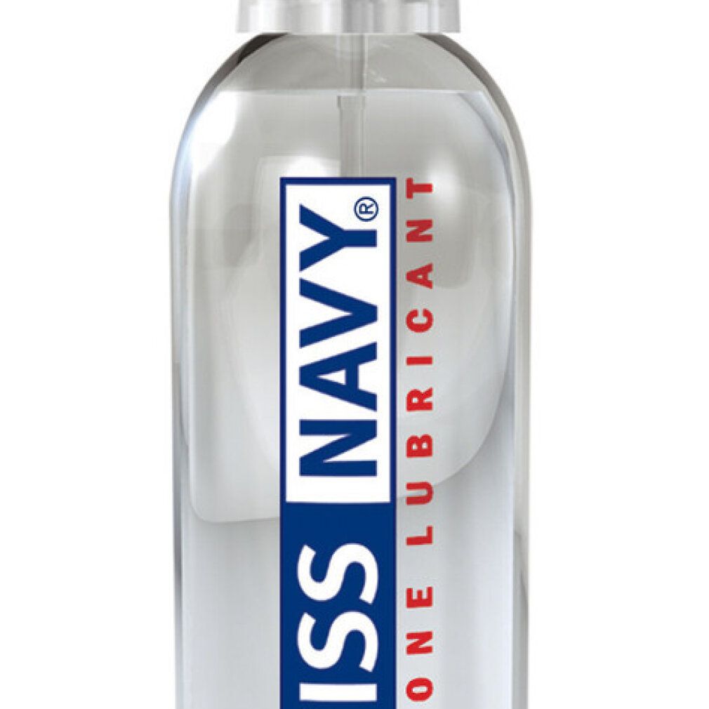 Close-up van het etiket van Swiss Navy siliconen glijmiddel.