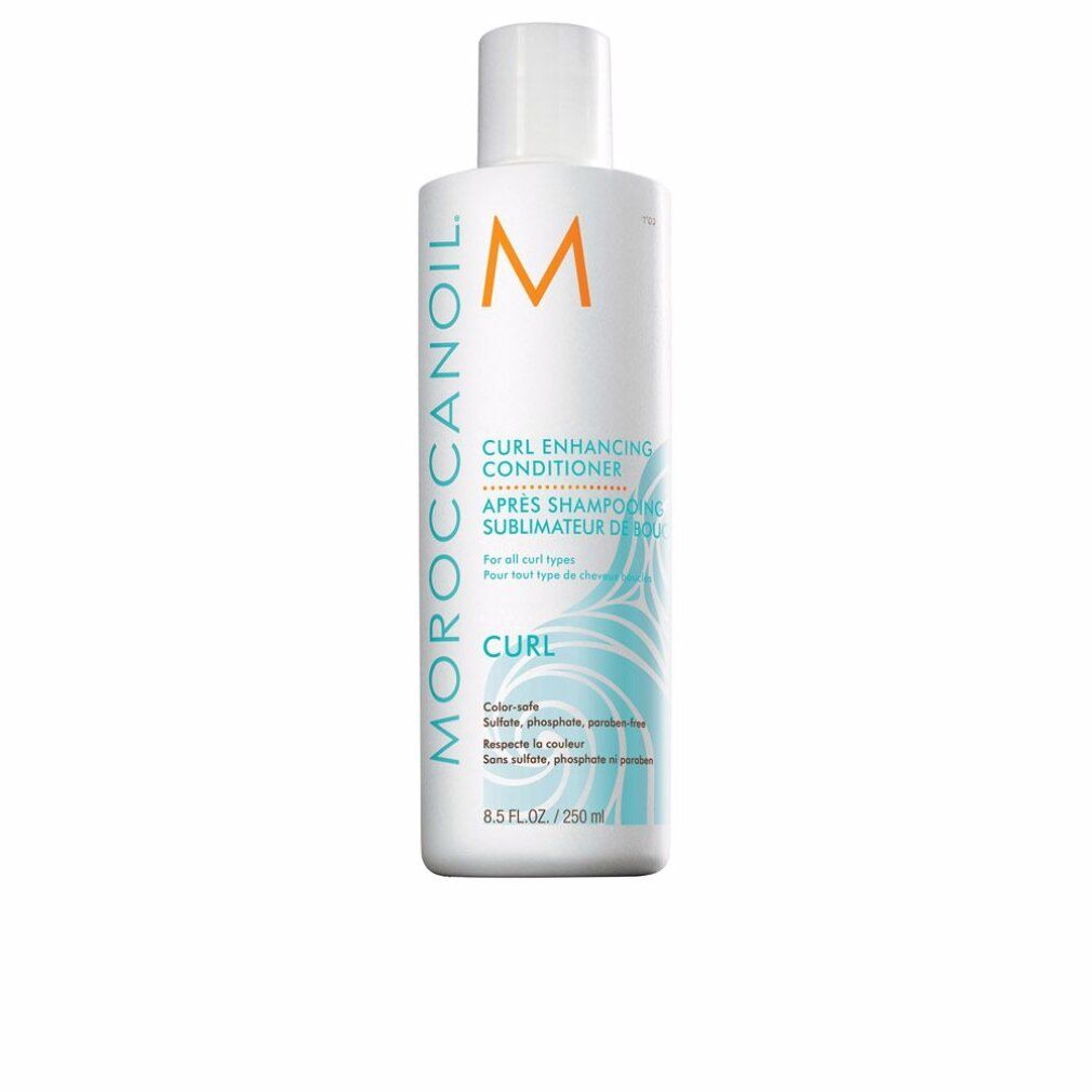 Flacon blanc avec étiquette bleue. Texte: Moroccanoil, Curl Enhancing Conditioner, 8.5 FL.OZ./250 ml.