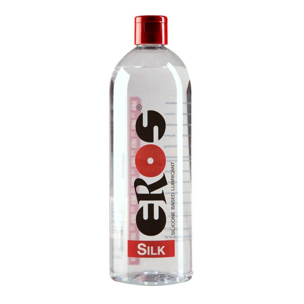 Flacon transparent avec bouchon rouge. Inscription : EROS, SILK. Texte : SILICONE BASED LUBRICANT.