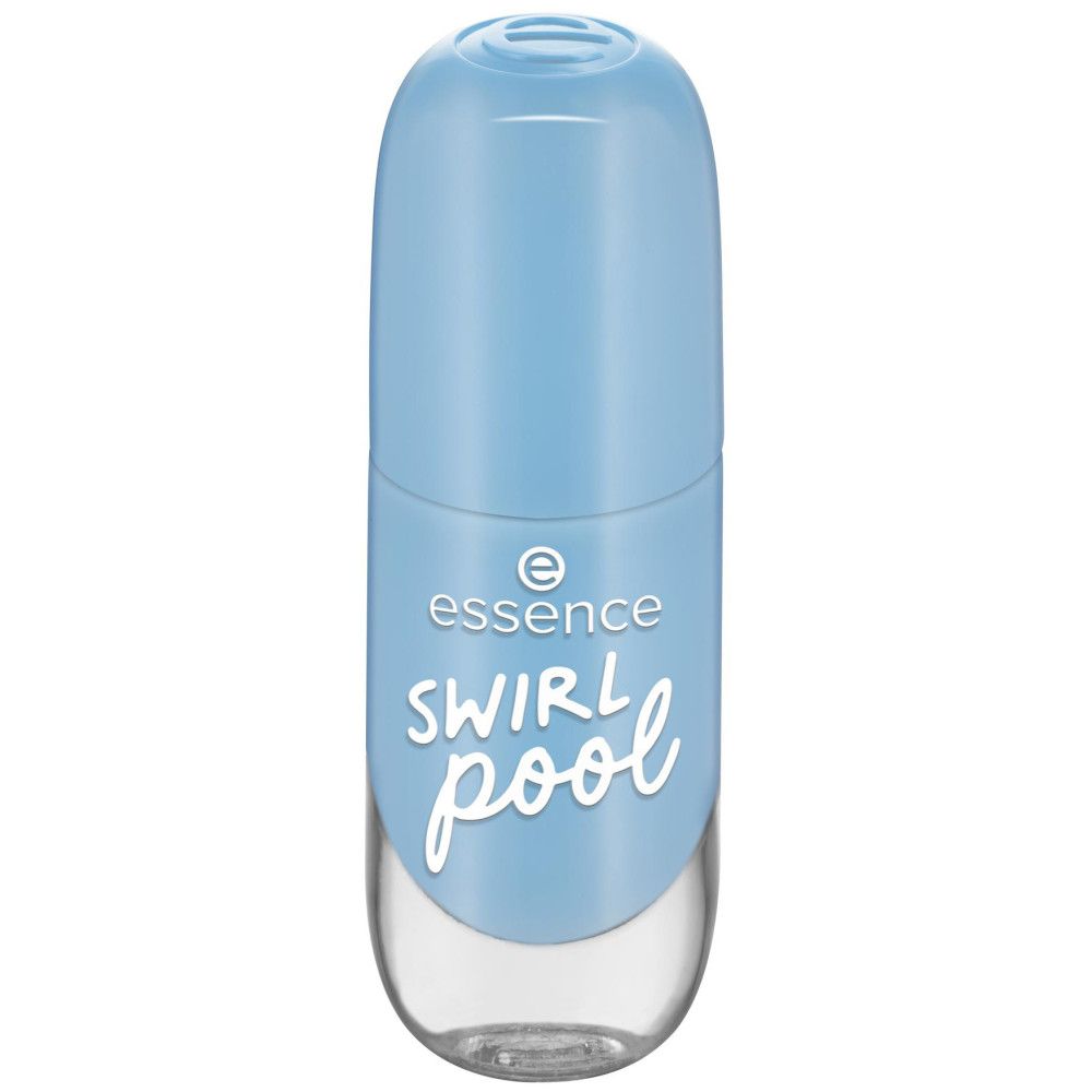 Flacon de vernis à ongles bleu clair fermé. Inscription : Essence, Swirl Pool.