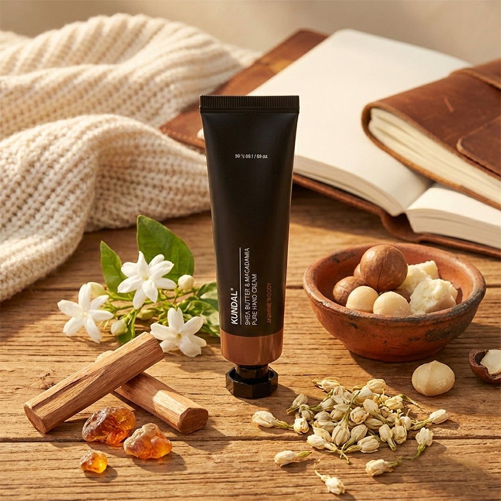 KUNDAL handcrème tube met ingrediënten zoals macadamianoten en jasmijnbloemen.