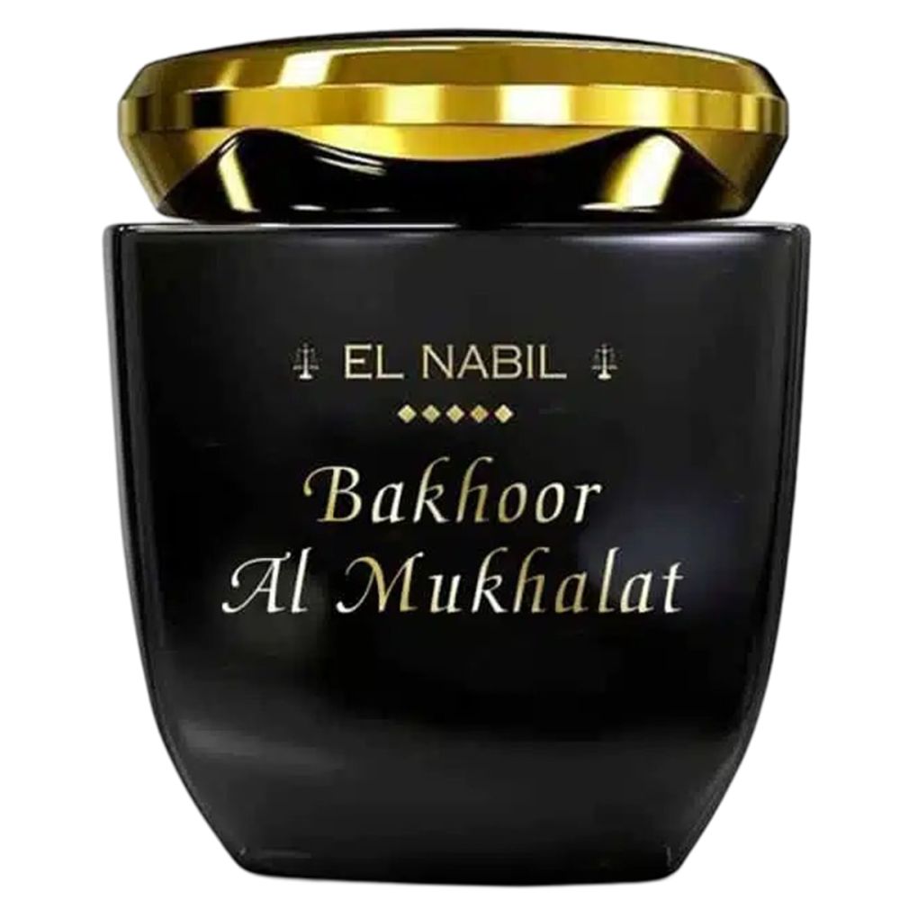 Flacon noir avec couvercle doré. Inscription EL NABIL, Bakhoor Al Mukhalat en lettres dorées.