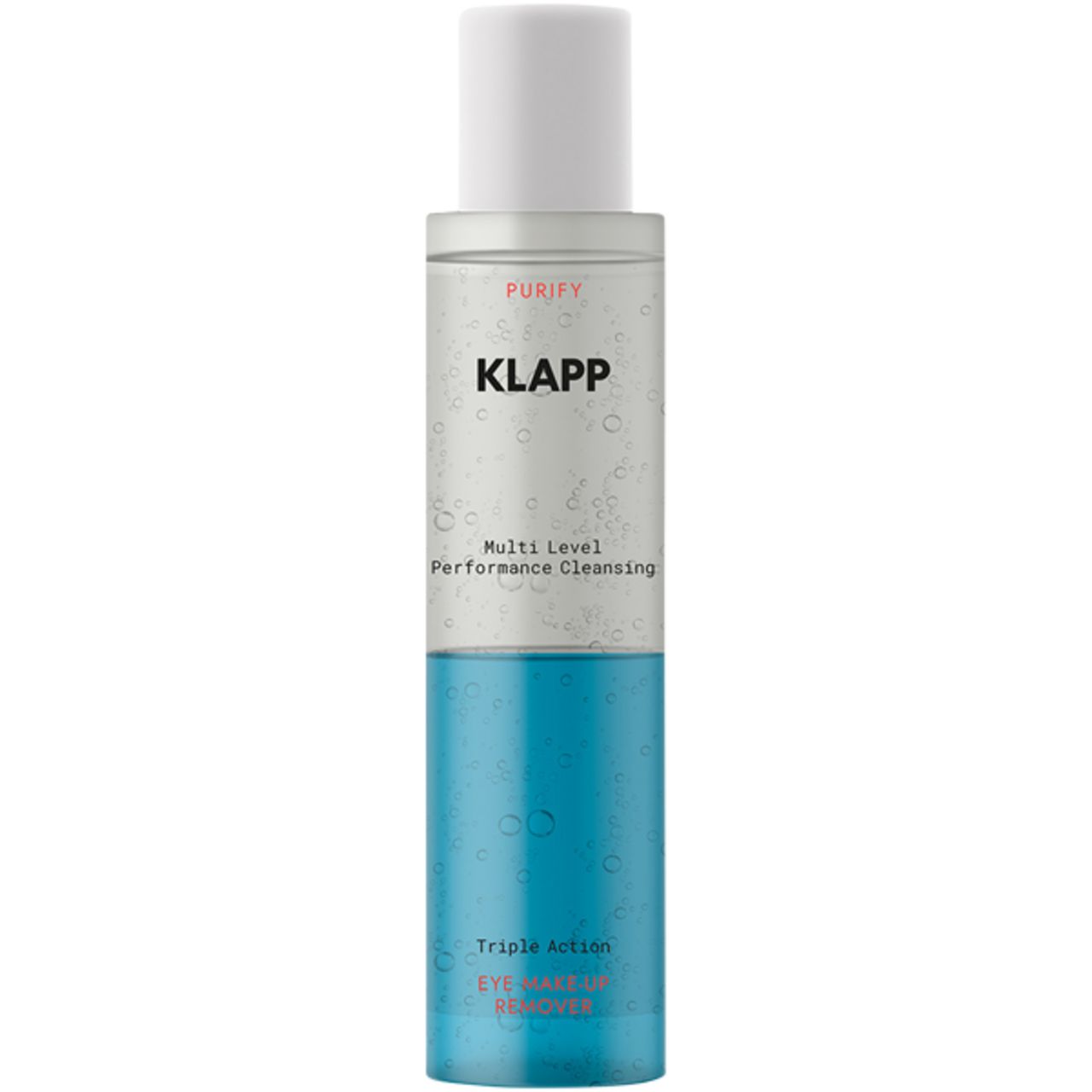 Productfles met blauwe inhoud en witte dop. Heldere vloeistof met belletjes.