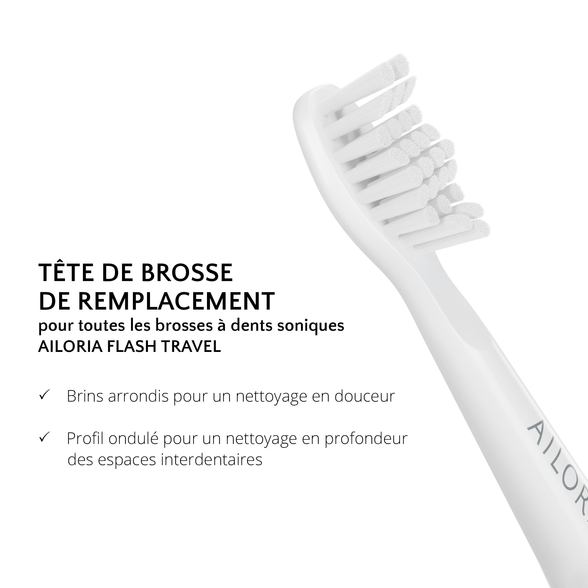 Gros plan d'une tête de brosse de remplacement blanche. Texte: TÊTE DE BROSSE DE REMPLACEMENT pour AILORIA FLASH TRAVEL.