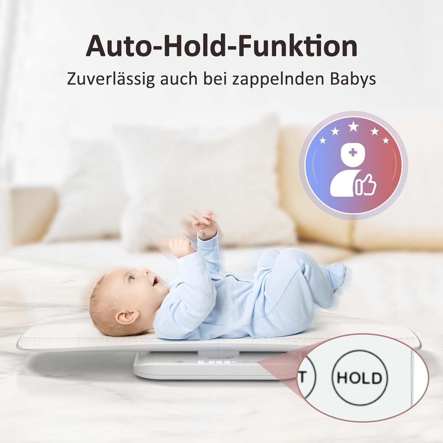 Babyweegschaal met Auto-Hold-functie voor onrustige baby's. Close-up van het HOLD-symbool.
