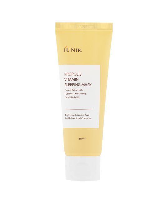 Gele tube met witte dop, 60ml. Bevat Propolis Vitamin Sleeping Mask.