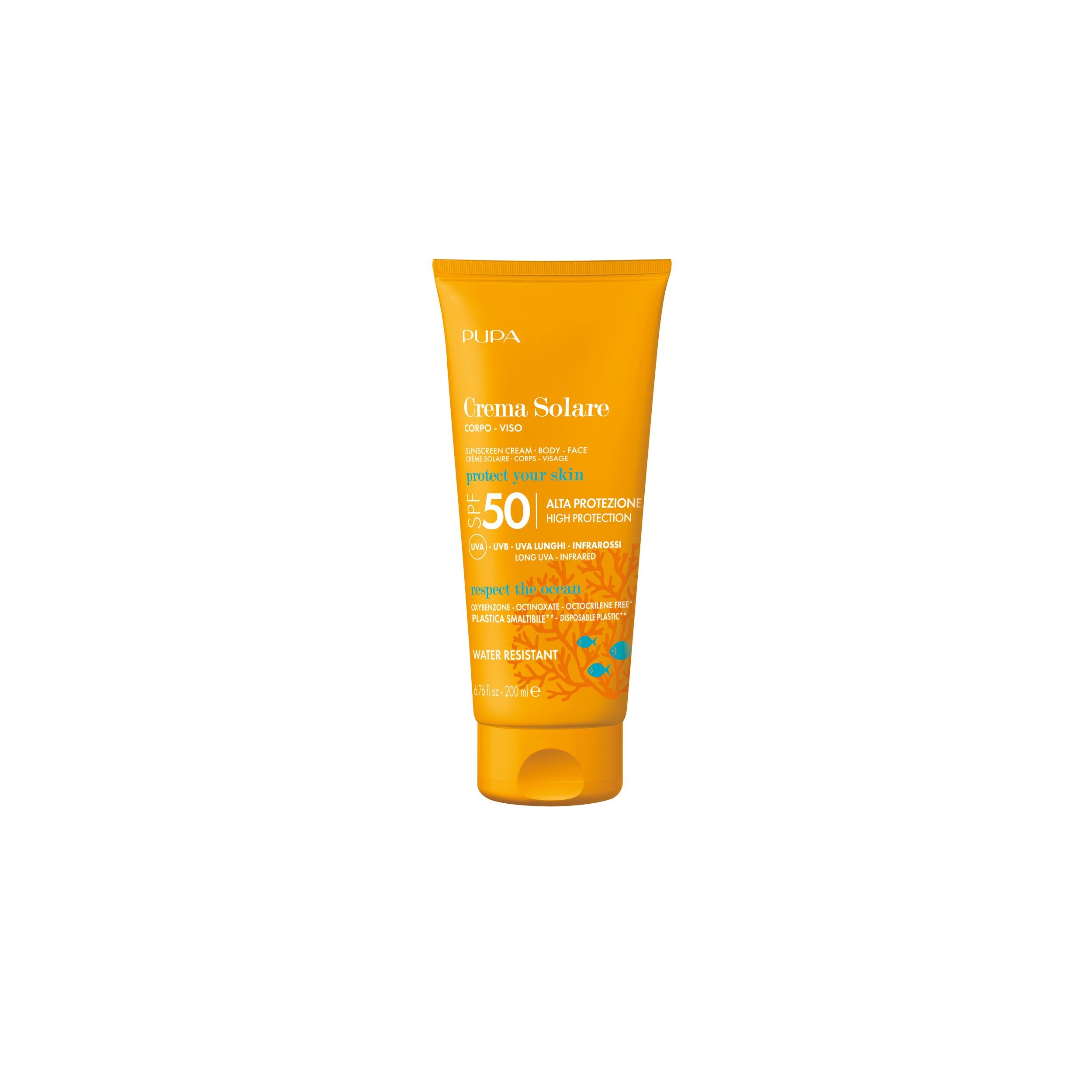 Pupa Zonnebrandcrème SPF 50, 200ml tube, voor alle huidtypen.