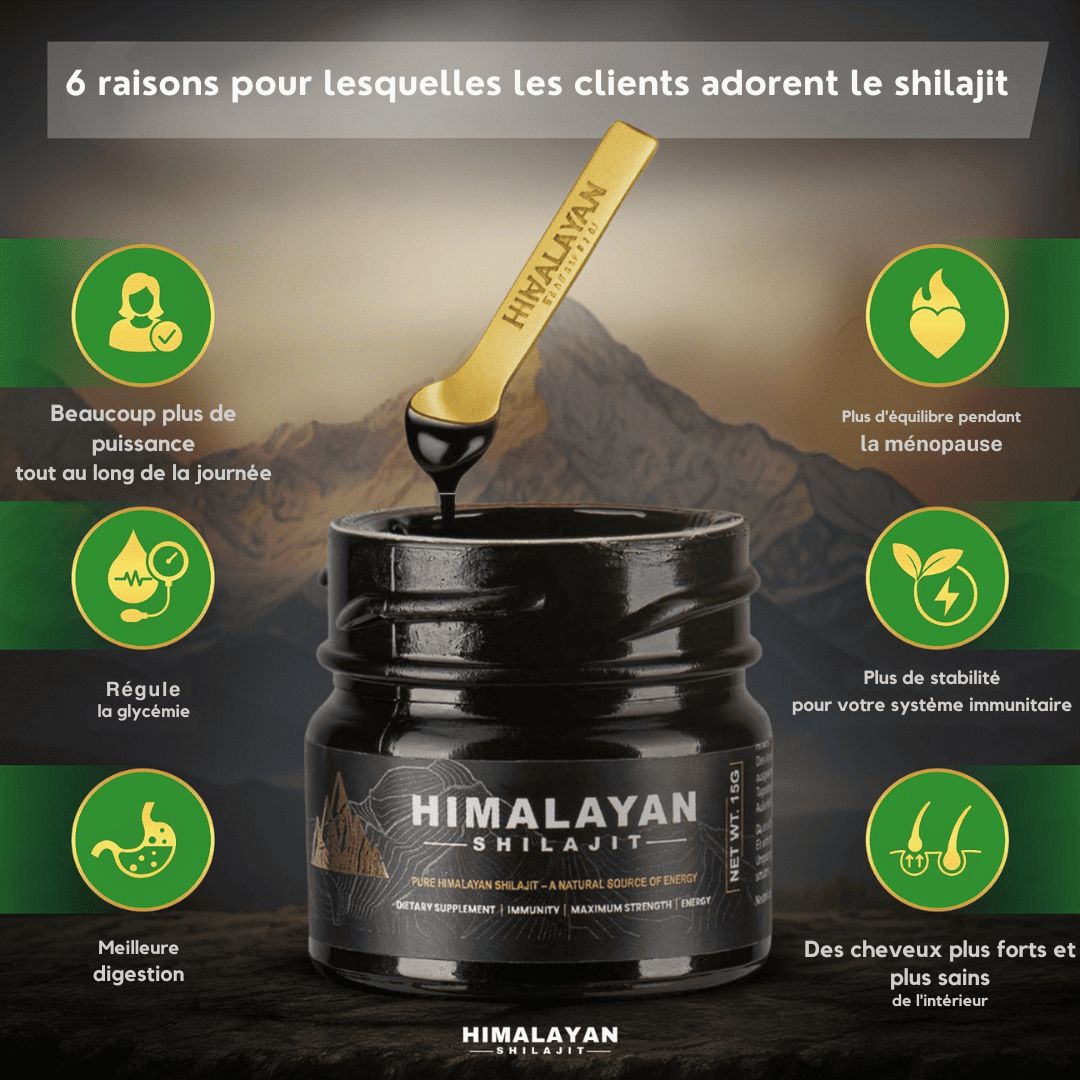 Pot de Shilajit et cuillère doseuse. 6 raisons pour lesquelles les clients adorent le Shilajit. Graphiques avec avantages : énergie, ménopause, système immunitaire.