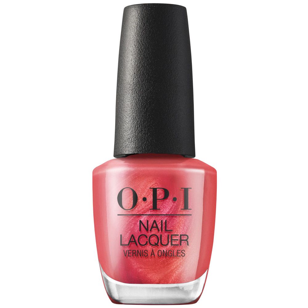OPI nagellakfles. Roze tint, zwarte dop. Opschrift 'Nail Lacquer'.