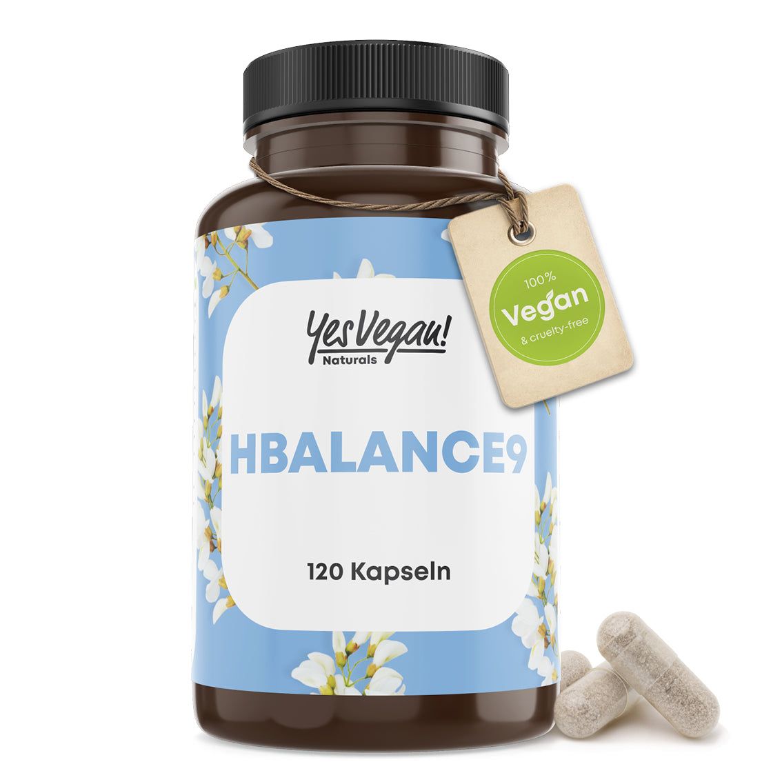 Bouteille brune avec étiquette bleue, mentionnant "Hbalance9" et "120 Kapseln". Logo "YesVegan! Naturals" et sceau "100% Vegan".