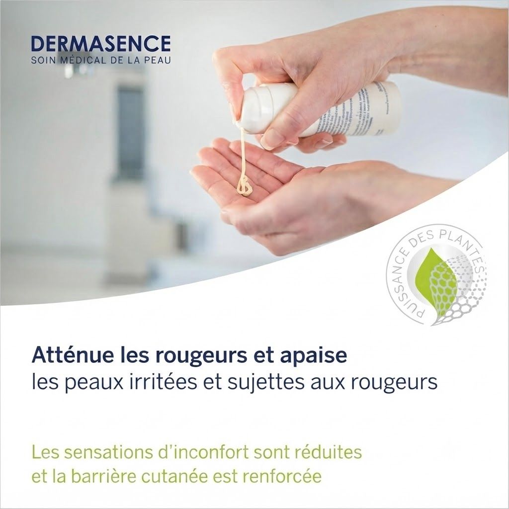 Une main presse un tube blanc, délivrant une crème jaune pâle dans l'autre paume. En haut à gauche, 'DERMASENCE SOIN MEDICAL DE LA PEAU'.