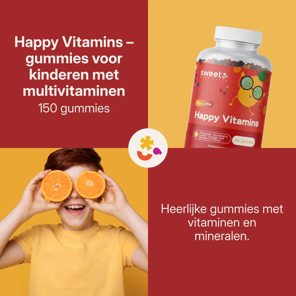 Kind houdt sinaasappels voor ogen. Fles met gummies. Tekst: Heerlijke gummies met vitaminen en mineralen.