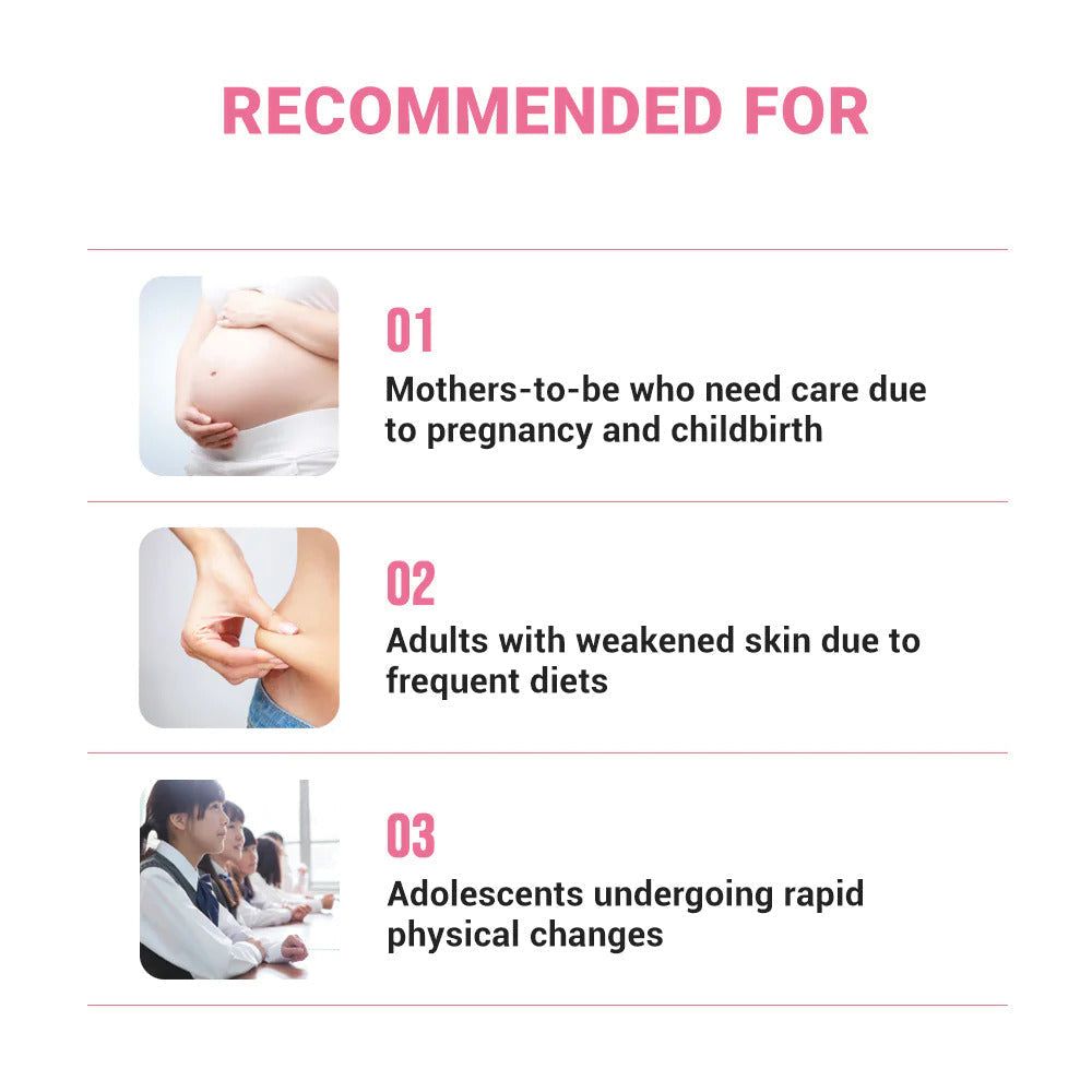 Tekst: "RECOMMENDED FOR". Drie afbeeldingen tonen: zwangere vrouwen, huid, tieners. Tekst beschrijft doelgroepen.