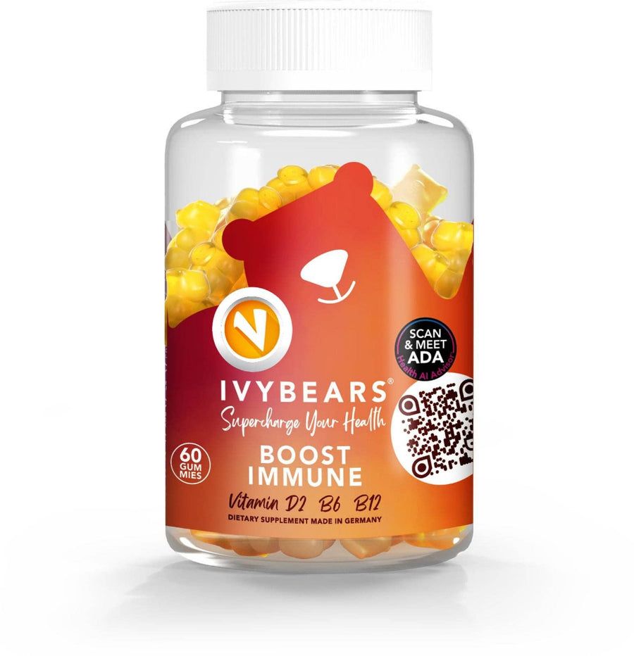Flacon transparent rempli de gommes en forme d'oursons jaunes. Inscription : Boost Immune, Vitamine D2, B6, B12. Avec code QR.