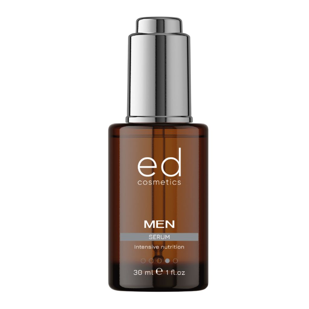 Flacon en verre brun avec bouchon argenté. Inscription : "ed cosmetics MEN Serum".