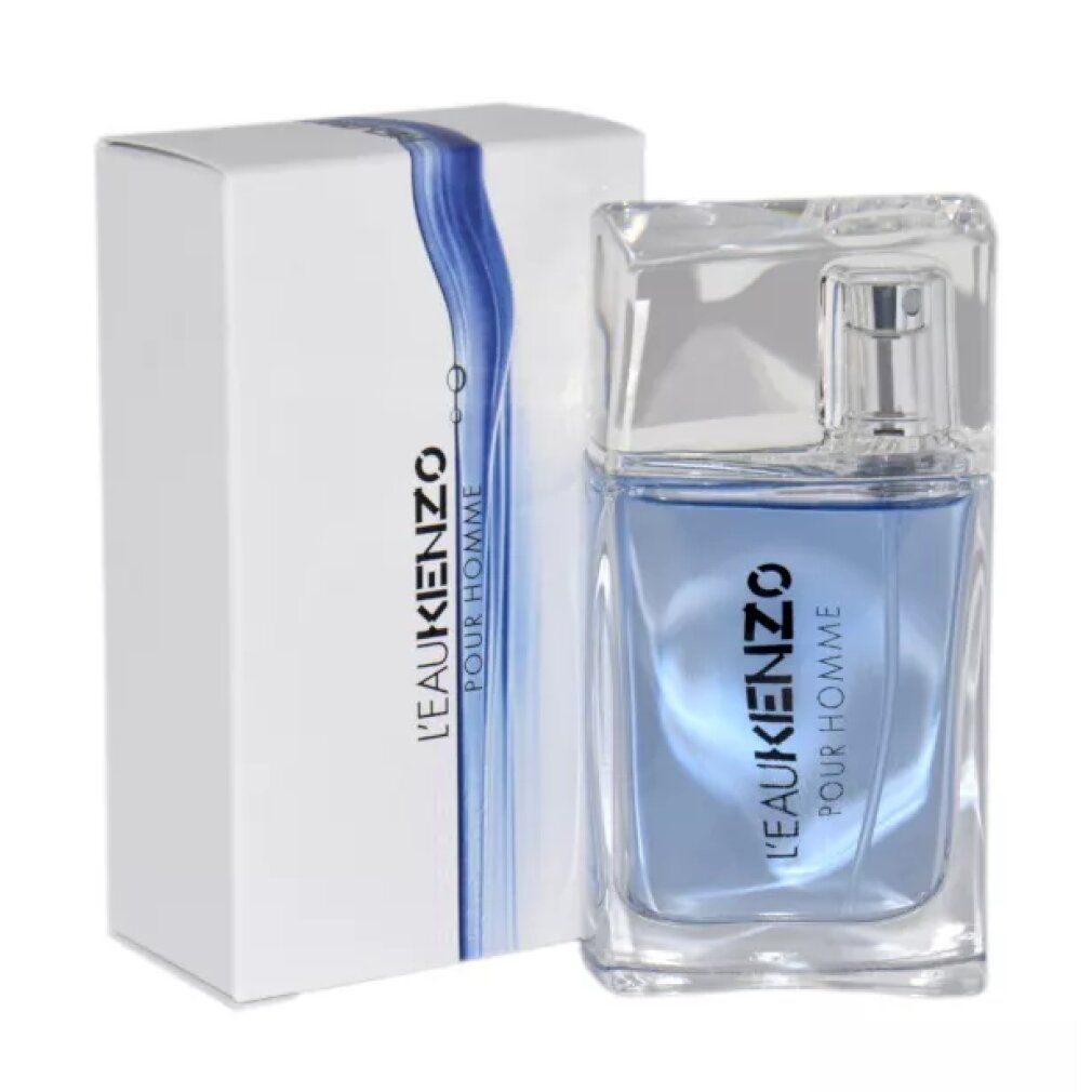 Flacon et emballage L'Eau Kenzo Pour Homme. Flacon en verre transparent avec eau de parfum bleue et vaporisateur argenté.