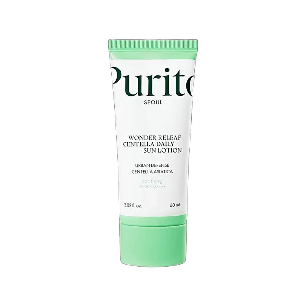 Tube blanc et vert PURITO Wonder Releaf Centella Daily Sun Lotion. Texte: Urban Defense, 60 ml.