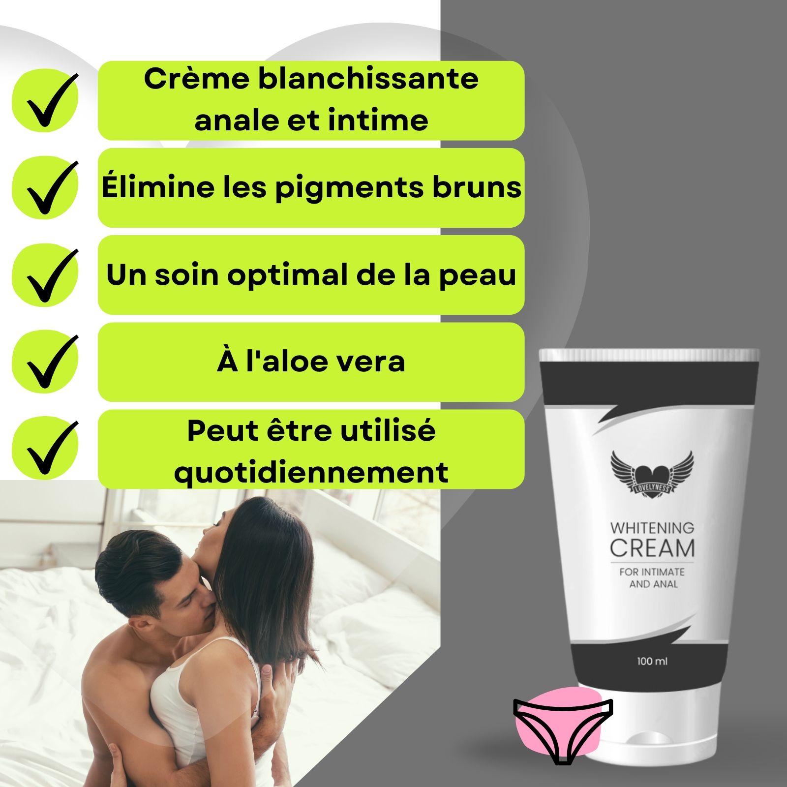 Tube de crème. Texte: Whitening Cream, pour intime et anal. 100 ml.