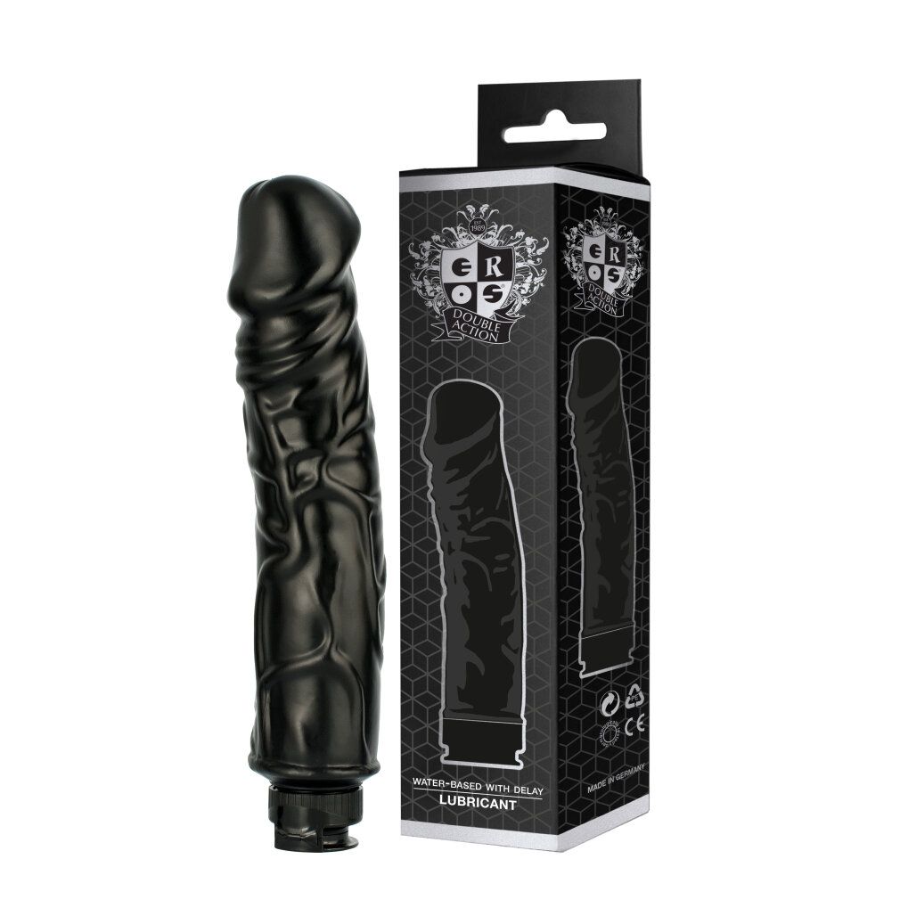 Produit de bien-être noir à côté de l'emballage. Emballage: EROS, Water-Based with Delay Lubricant. Avec crochet.