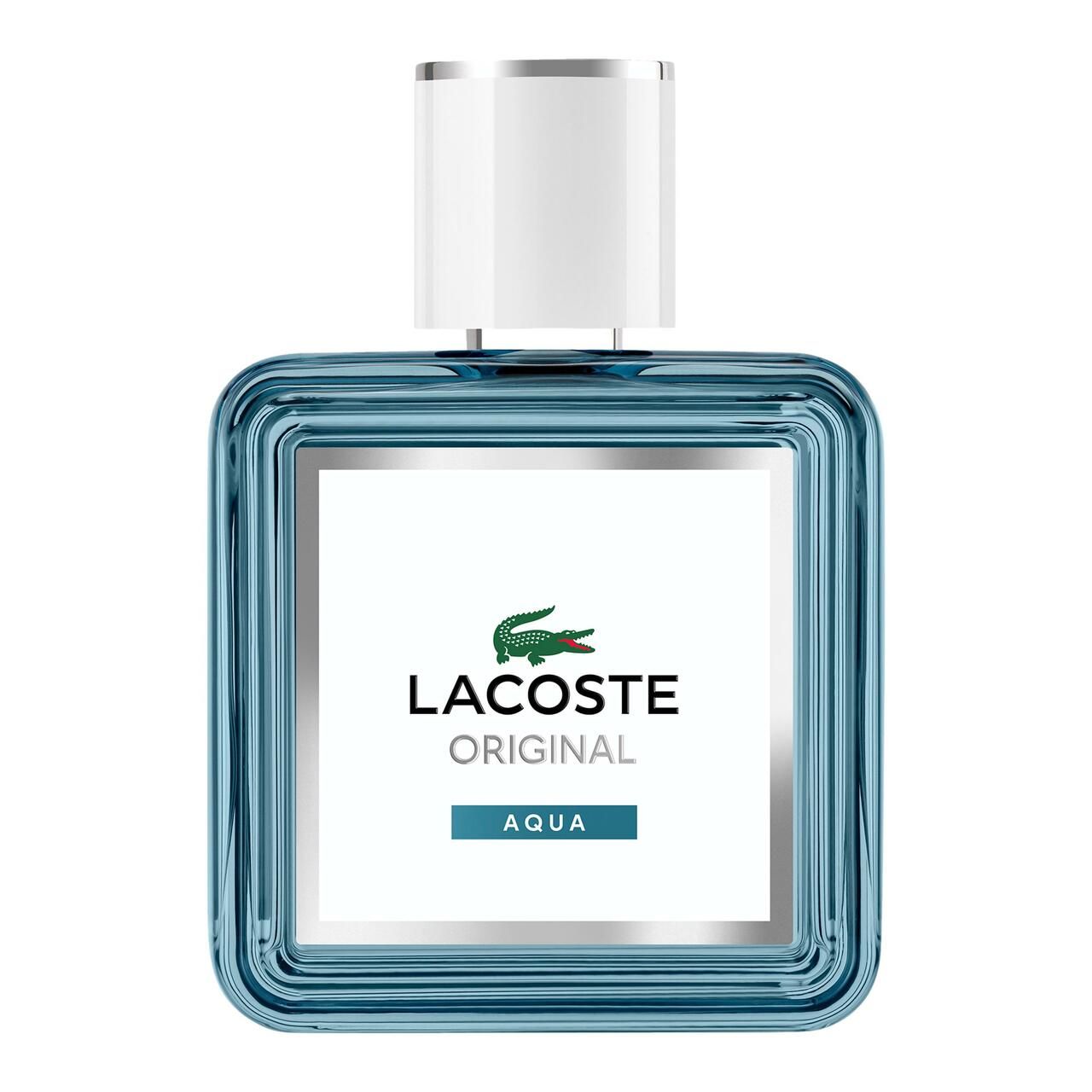Lacoste Original Aqua parfumfles, rechthoekig, blauw, met witte dop en etiket.
