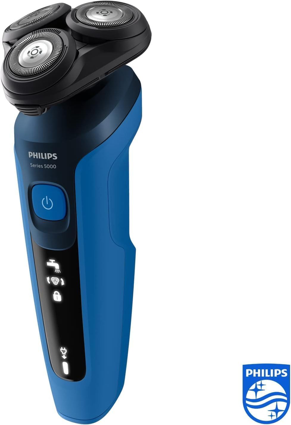 Blauw elektrisch scheerapparaat. Drie roterende scheerkoppen. Philips-logo en productnaam.