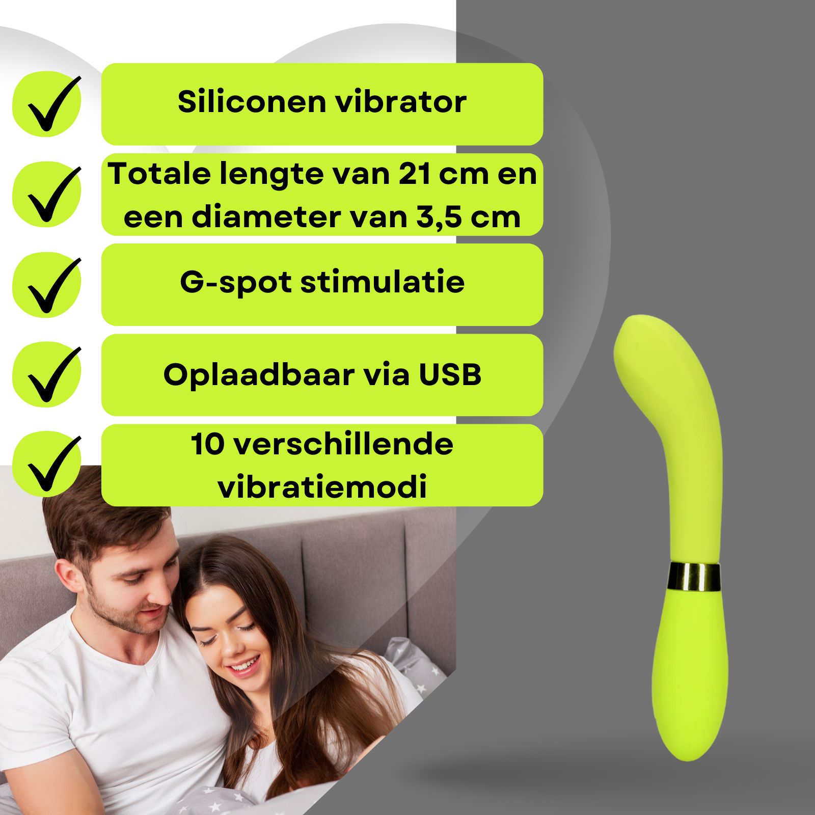 Vibrateur vert, texte: Silicone et ABS, stimulation point G. Couple au lit.