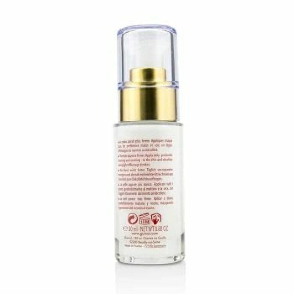 Guinot Longue Vie Cou. Dos du flacon. Flacon blanc avec texte et symboles. Bouchon transparent.