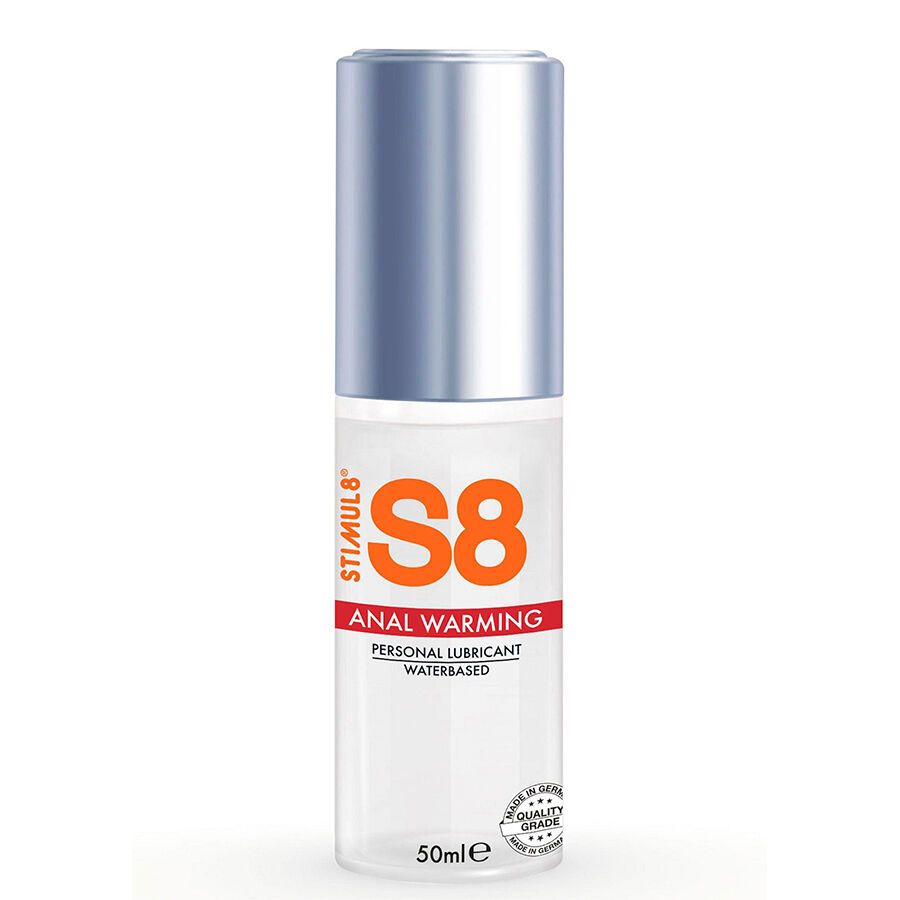 Lubrifiant personnel Stimul8 S8 Anal Warming, à base d'eau, flacon de 50ml avec bouchon argenté.