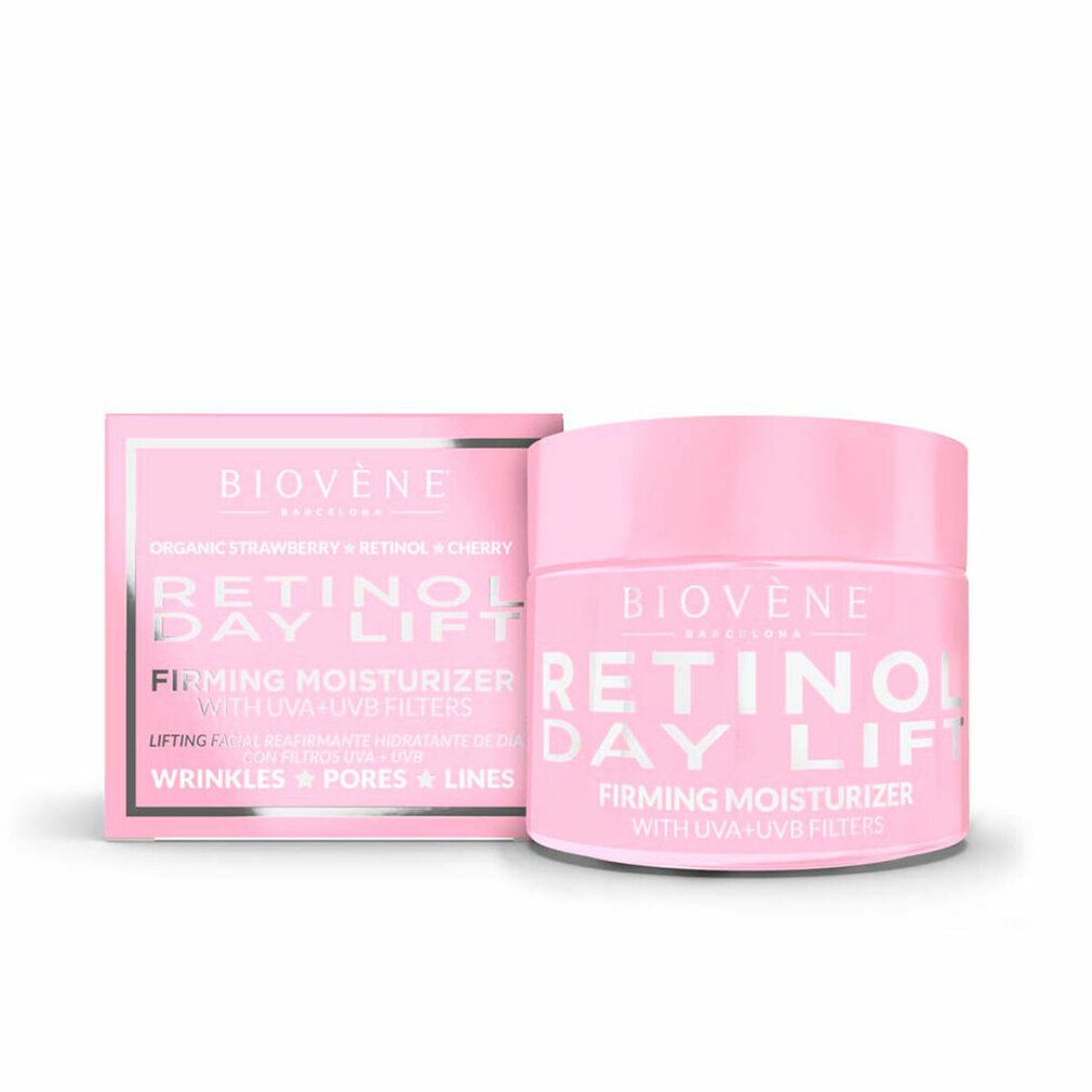 Pot et boîte roses avec texte et nom du produit. Inscription: Retinol Day Lift Firming Moisturizer. Marque: Biovene.