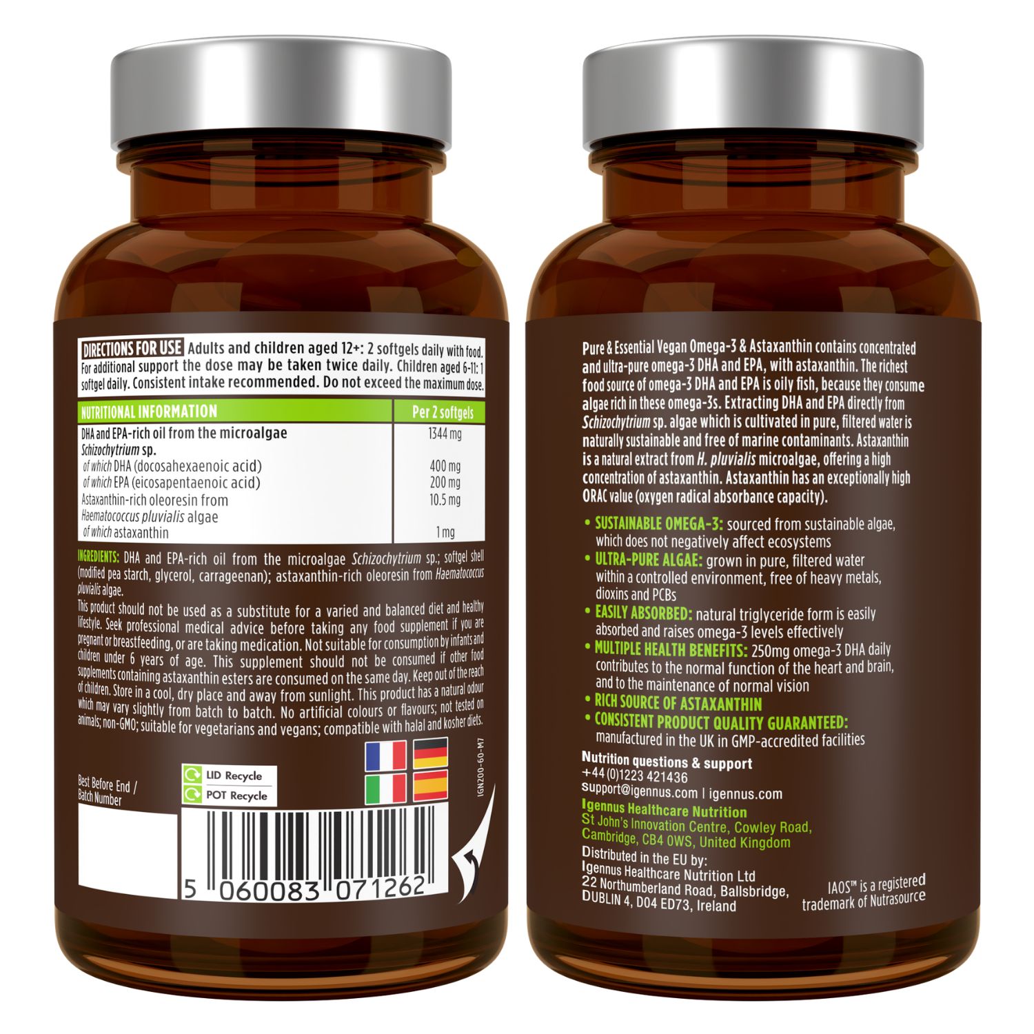 Bouteille en verre brun contenant des gélules Oméga-3, dos avec informations nutritionnelles et instructions.