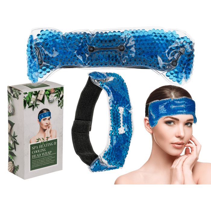 Ensemble produit: emballage, bandeau avec velcro, bandeau sur tête. Contient des billes bleues.
