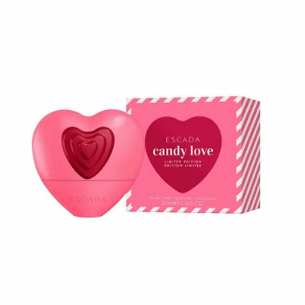 Roze hartvormige flacon met rood hartpatroon. Roze doos met logo "Escada Candy Love".