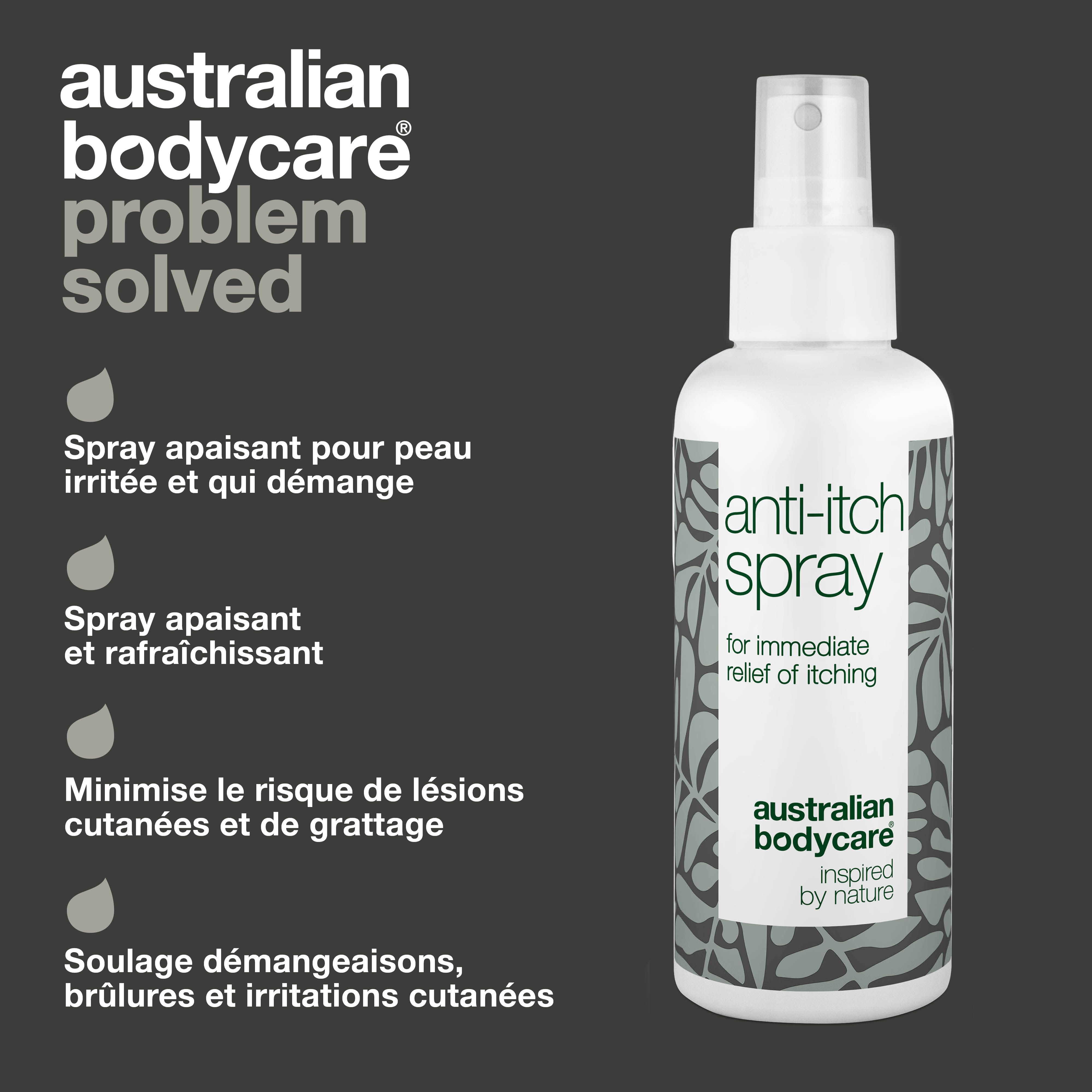 Spray anti-démangeaisons avec texte : 'Spray apaisant pour peau irritée'.